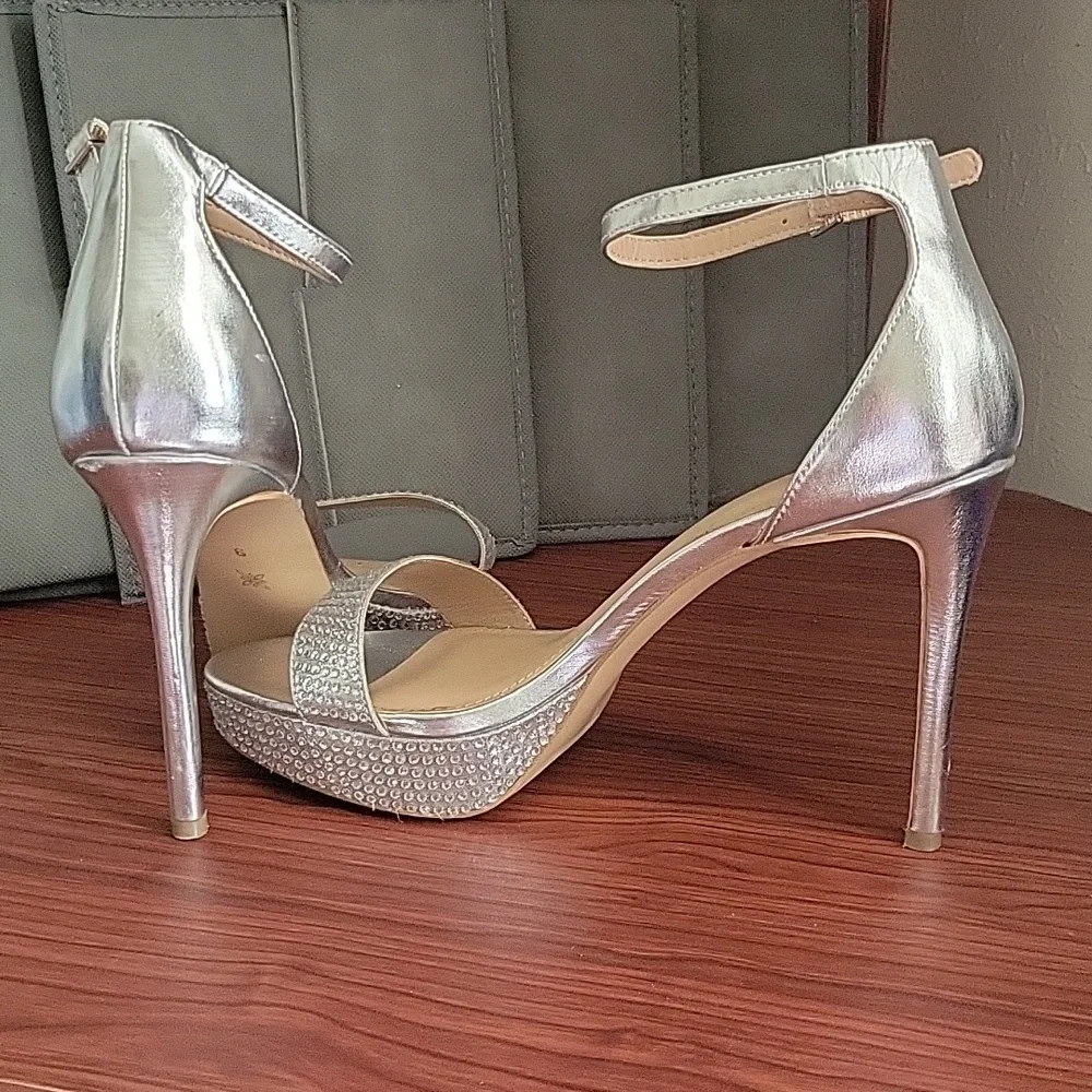 BCBGeneration Silver Bejeweled Ankle Straps Stiletto Heels